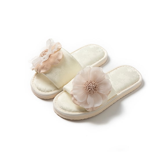 Willtoo Women's Floral Silk Slippers Elegant Open Toe House Shoes Non-slip EVA Sole Indoor Outdoor Summer Slides Breathable Spa Sandals