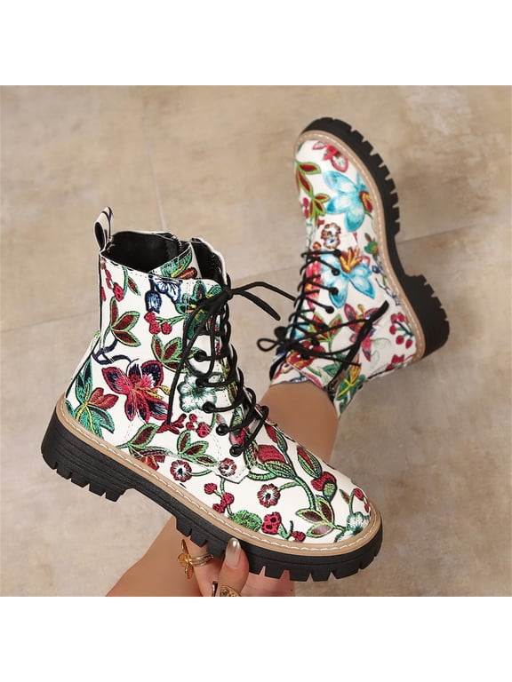 Women's Flowers Flat Ankle Boots Side Zipped Lace-Up Cowgirl Shoes Western Platform Winter Fall Combat Boots White