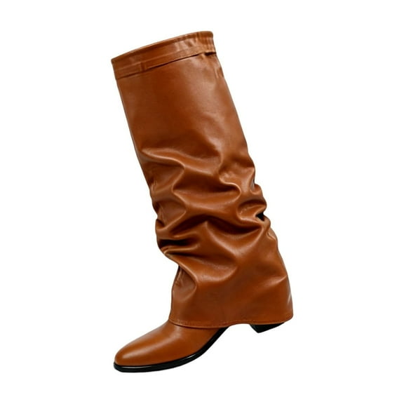 Willtoo Women's Fold Over Knee High Boot, Chunky High Heels Sexy Tall Boot, Tall Fashion Flat Dress Boots For Fall Winter Brown