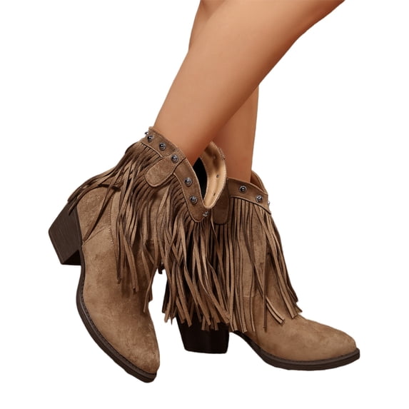 Willtoo Women's Fringe Cowgirl Boots, Faux Suede Pointed Toe Chunky Block Mid Heel Pull On Ankle Booties Rivets Tassels Shoes Casual Ankle Boots for Music Dress Short Booties Winter Boot