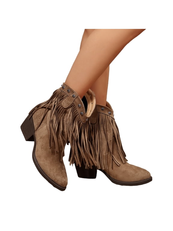 Women's Fringe Cowgirl Boots, Faux Suede Pointed Toe Chunky Block Mid Heel Pull On Ankle Booties Rivets Tassels Shoes Casual Ankle Boots for Music Dress Short Booties Winter Boot