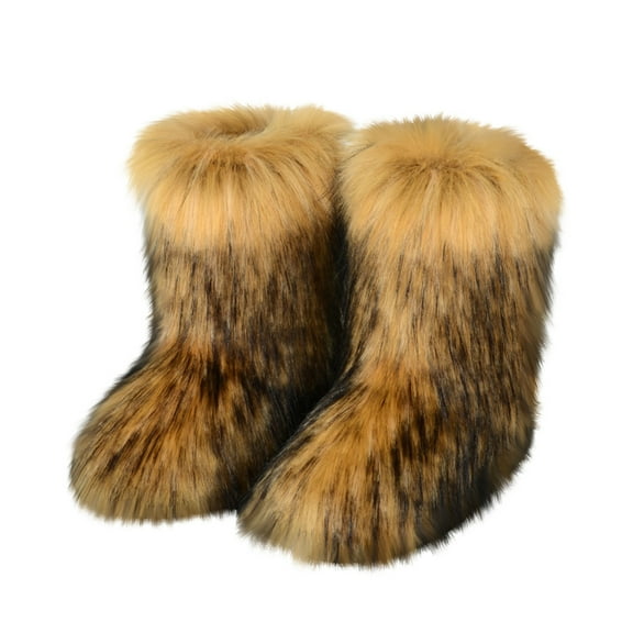 Willtoo Women's Furry Faux Fur Boots Fuzzy Fluffy Mid Calf Snow Boots Suede Warm Fur Lined Booties Flat Fashion Boots Brown US-7(EU-38)