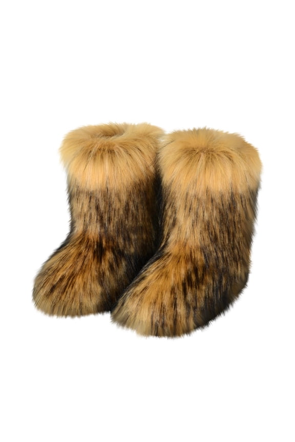 Women's Furry Faux Fur Boots Fuzzy Fluffy Mid Calf Snow Boots Suede Warm Fur Lined Booties Flat Fashion Boots Brown US-7(EU-38)