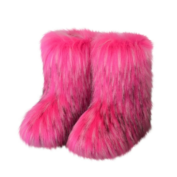 Willtoo Women's Furry Faux Fur Boots Fuzzy Fluffy Mid Calf Snow Boots Suede Warm Fur Lined Booties Flat Fashion Boots Hot Pink US-8（EU-40）
