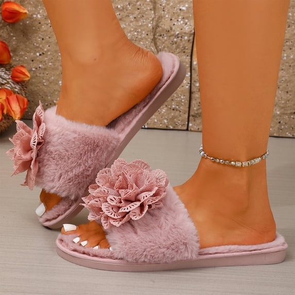 Willtoo Women's Fuzzy Flower House Slippers Cute Plush Breathable Open Toe Indoor Bedroom Flat Slippers Non-Slip Soft Sole Warm Slides