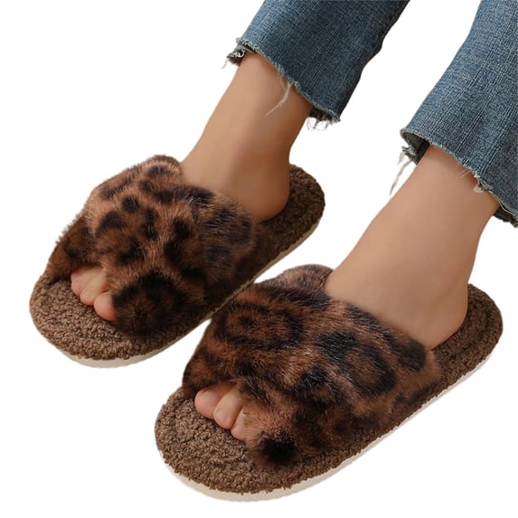 Willtoo Women's Fuzzy Leopard Print Slippers Cross Band Memory Foam House Slippers for Women Cozy Indoor Outdoor Open Toe
