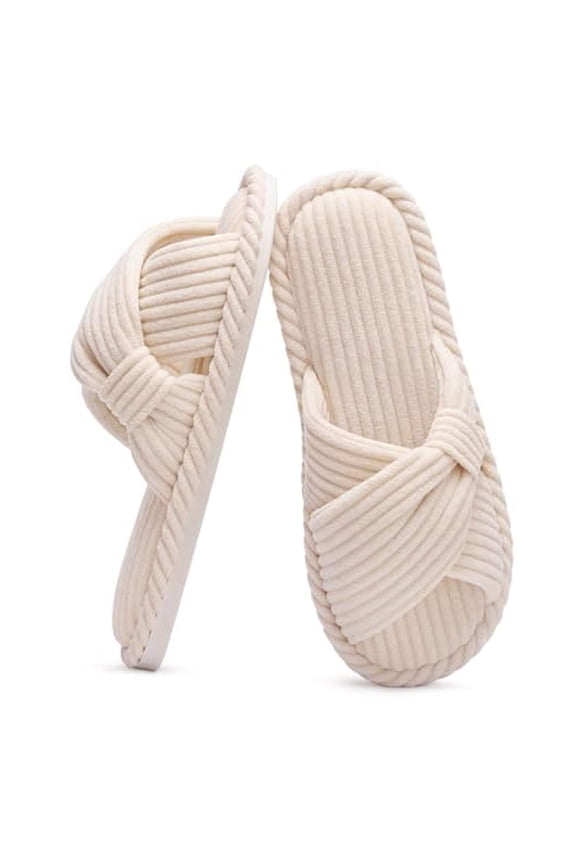 Women's Fuzzy Slippers Open Toe Cross Band Slippers Memory Foam House Slippers for Women Beige 8 Wide