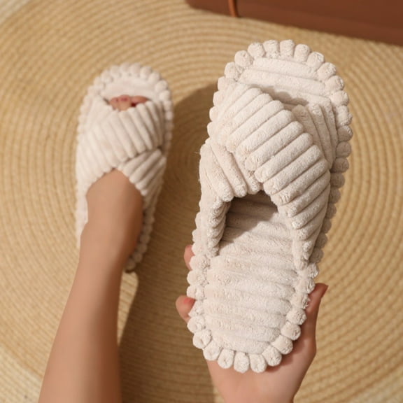 Willtoo Women's Fuzzy Slippers Open Toe Cross Band Slippers Memory Foam House Slippers for Women Khaki 5.5 Wide