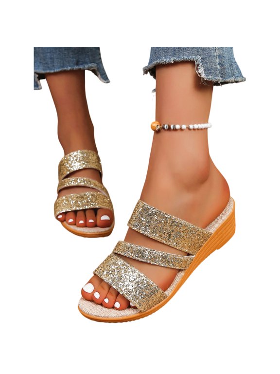 Women's Glitter Sequins Peep Toe Platform Wedge Slip On Mules Plus Size Summer Orthopedic Sandals