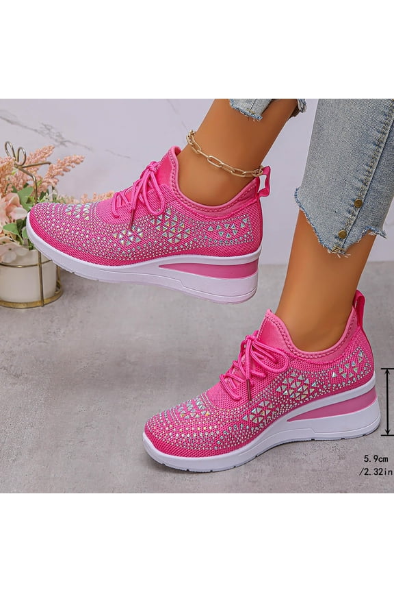 Women's Glittery Rhinestone Fashion Breathable Wedge Sneakers, Orthopaedic Mesh Platform Sneakers Sparkly Bling Wedding Dressy Tennis Shoes for Bride Hot Pink