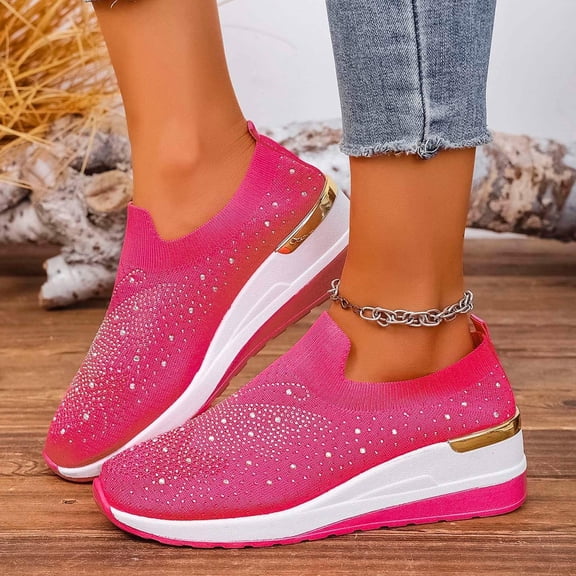 Willtoo Women's Glittery Rhinestone Fashion Breathable Wedge Sneakers Summer Butterfly Embroidered Bling Sneakers for Women Sparkly Mesh Slip-on Walking Sneaker Hot Pink
