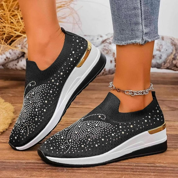 Willtoo Women's Glittery Rhinestone Fashion Breathable Wedge Sneakers Summer Butterfly Embroidered Bling Sneakers for Women Sparkly Mesh Slip-on Walking Sneaker Black