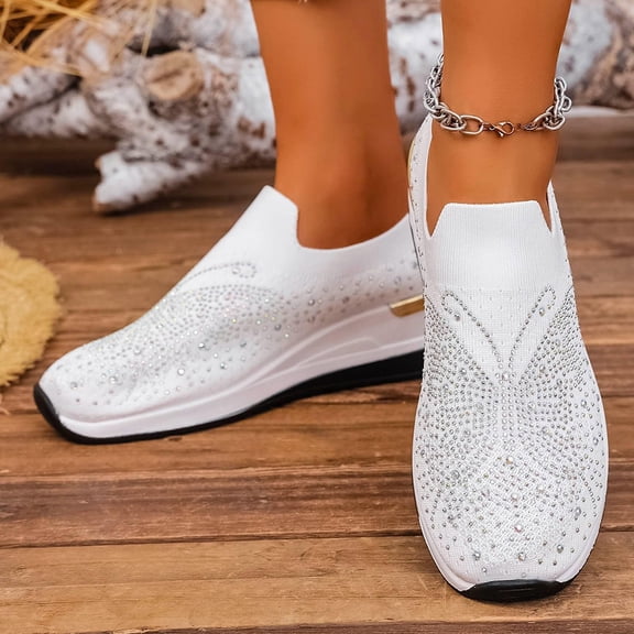 Willtoo Women's Glittery Rhinestone Fashion Breathable Wedge Sneakers Summer Butterfly Embroidered Bling Sneakers for Women Sparkly Mesh Slip-on Walking Sneaker White