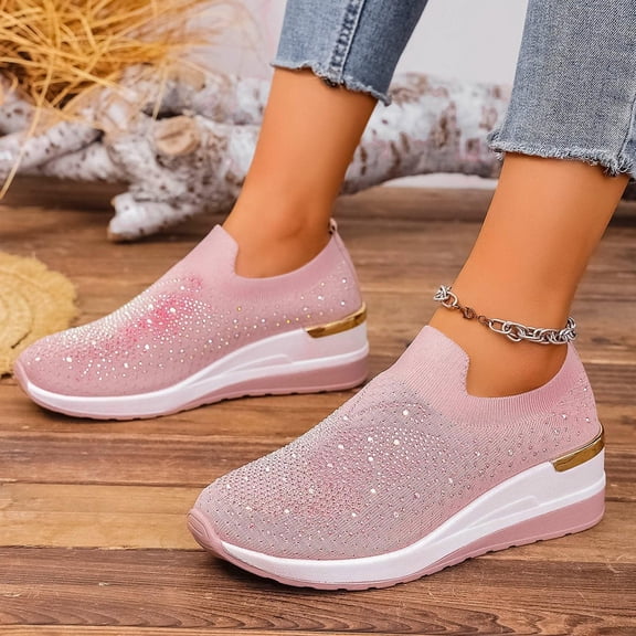 Willtoo Women's Glittery Rhinestone Fashion Breathable Wedge Sneakers Summer Butterfly Embroidered Bling Sneakers for Women Sparkly Mesh Slip-on Walking Sneaker Pink