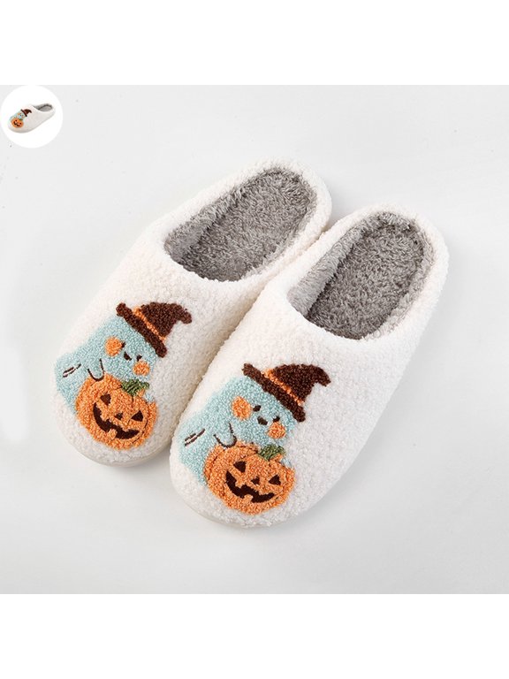 Women’s Halloween Ghost Pumpkin Pattern Plush Slippers, Closed‑Toe Fuzzy House Slippers, Warm Cozy Non‑Slip Indoor Home Slides
