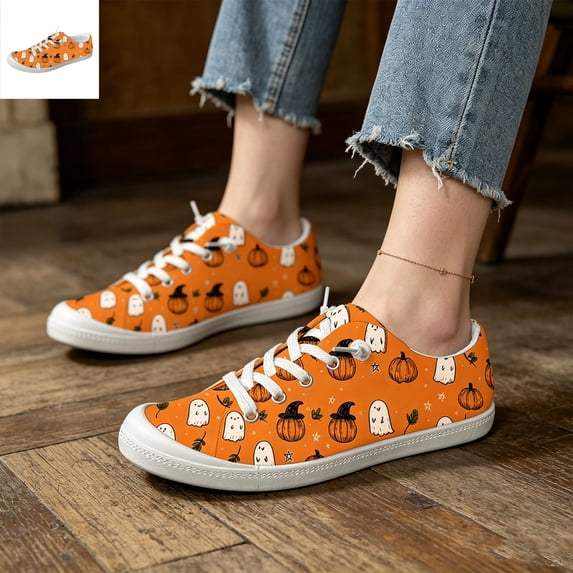 Willtoo Women's Halloween Ghost Pumpkin Print Canvas Sneakers, Lace Up Low Top Casual Shoes, Lightweight Non-Slip Flat Sole Holiday Walking Shoes