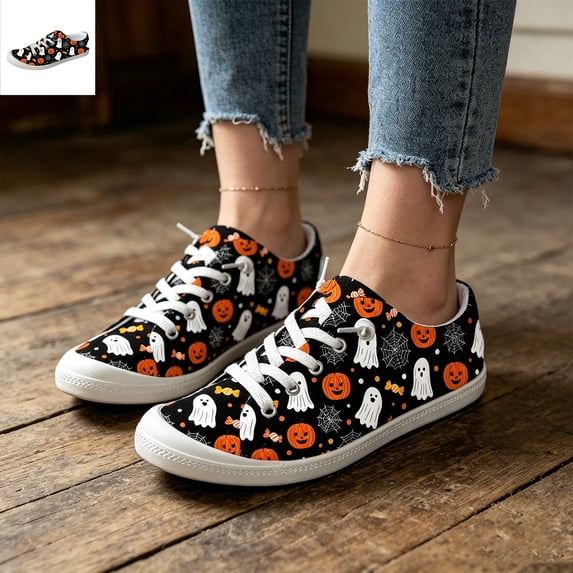 Willtoo Women's Halloween Ghost Pumpkin Print Canvas Sneakers, Lace Up Low Top Casual Shoes, Lightweight Non-Slip Flat Sole Holiday Walking Shoes