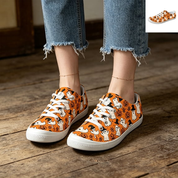 Willtoo Women's Halloween Ghost Pumpkin Print Canvas Sneakers, Lace Up Low Top Casual Shoes, Lightweight Non-Slip Flat Sole Holiday Walking Shoes