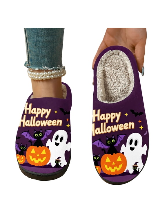 Women's Halloween Plush House Slippers, Cute Pumpkin & Cat Pattern Print Closed Toe Mules, Warm Cozy Non-Slip Winter Footwear