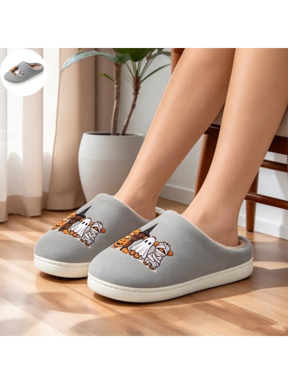 Women's Halloween Plush House Slippers, Cute Pumpkin & Ghost Embroidered Closed Toe Mules, Warm Lined Non-Slip Winter Footwear