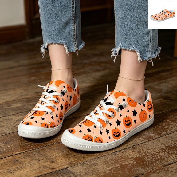 Willtoo Women's Halloween Print Canvas Sneakers, Lace Up Low Top Casual Shoes, Lightweight Non-Slip Flat Sole Holiday Walking Shoes
