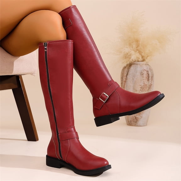 Willtoo Women's Knee-High Boots, Round Toe Low Heel Knee High Boots for Women, Fashion Side Zip Knee High Bootie, Buckle Solid Knee High Boot for Daily Office Party Red