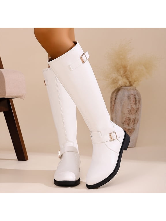 Women's Knee-High Boots, Round Toe Low Heel Knee High Boots for Women, Fashion Side Zip Knee High Bootie, Buckle Solid Knee High Boot for Daily Office Party White