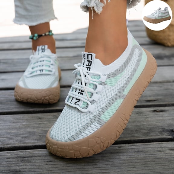 Willtoo Women's Knit Sock Sneakers Color Block Mesh Lace-Up Walking Shoes Round Toe Non Slip Lightweight Casual Footwear