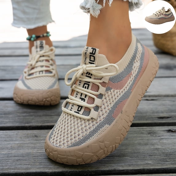 Willtoo Women's Knit Sock Sneakers Color Block Mesh Lace-Up Walking Shoes Round Toe Non Slip Lightweight Casual Footwear
