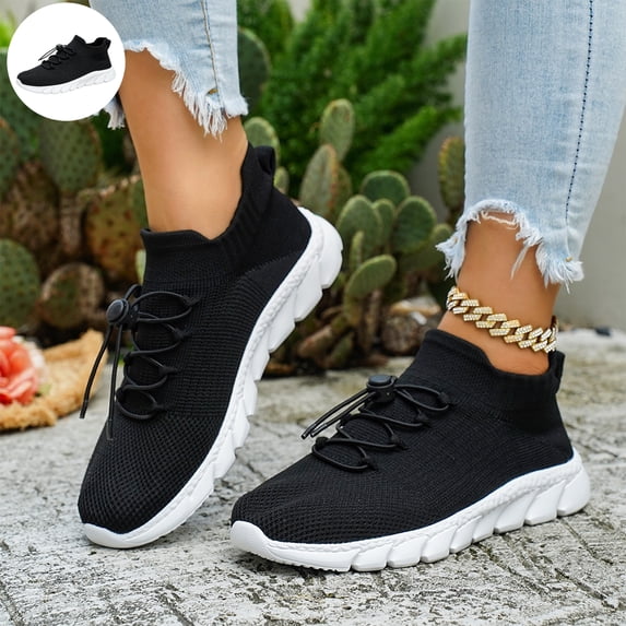 Willtoo Women’s Knit Sock Sneakers, Quick Lace Toggle Closure Slip‑On Walking Shoes, Breathable Mesh Lightweight Athletic Shoes, Non‑Slip Casual Running Shoes