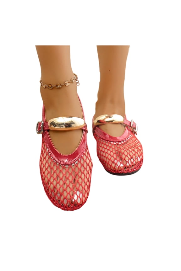 Women's Knitted Ballet Flats, Round Toe Design, Memory Foam, Comfortable Mary Jane Flats, Breathable Mesh, Wide Width Available, Netted Ballet Flats Gold Decor Strap