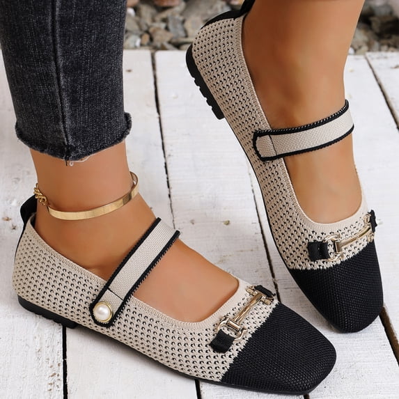 Willtoo Women's Knitted Cap Toe Mary Jane Shoes,Comfortable Square Toe Arch Support Walking Shoes Soft Sole Strappy Mesh Office Work Dress Shoes Elegant Ballets Flats