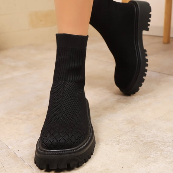 Willtoo Women's Knitted Chunky Heel Sock Ankle Boots Comfortable Elastic Round-Toe Slip On Anti-Slip Lug Sole Booties Low Heel Fall Winter Booties