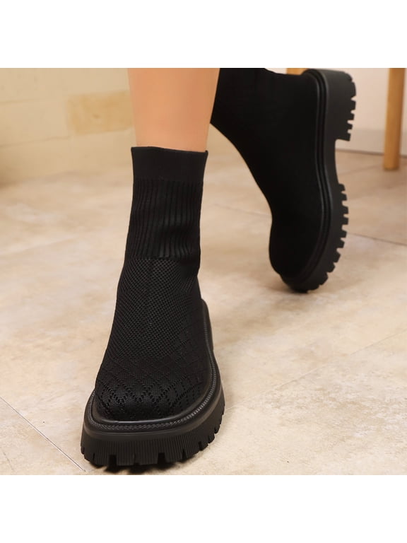 Women's Knitted Chunky Heel Sock Ankle Boots Comfortable Elastic Round-Toe Slip On Anti-Slip Lug Sole Booties Low Heel Fall Winter Booties