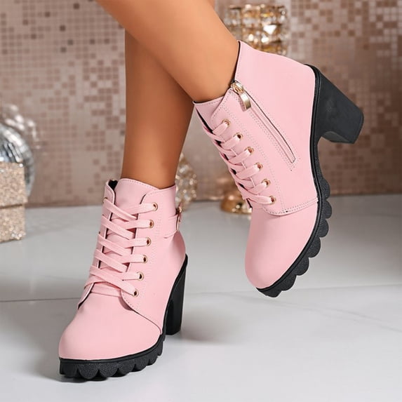 Willtoo Women’s Lace Up Chunky Heel Ankle Booties, Round Toe Side Zipper Lug Sole Fall Winter Short Boots Buckle Strap Arch Support Non Slip Comfort Office Travel Boots