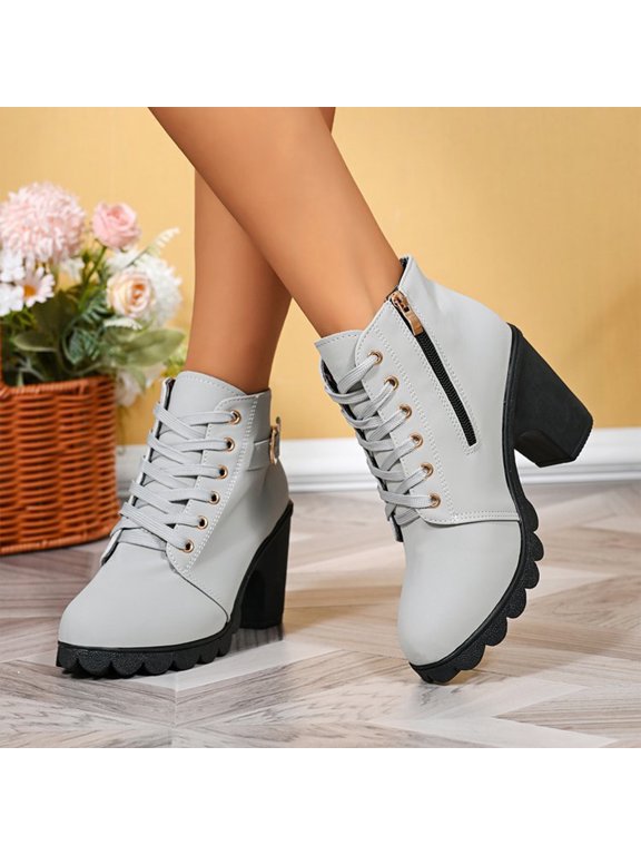 Women’s Lace Up Chunky Heel Ankle Booties, Round Toe Side Zipper Lug Sole Fall Winter Short Boots Buckle Strap Arch Support Non Slip Comfort Office Travel Boots