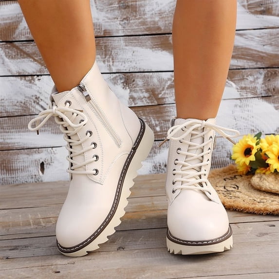 Willtoo Women's Lace Up Combat Ankle Boots with Side Zipper Fashion Buckle Straps Comfortable Round Toe Low Heel Booties Non-slip Lug Sole Walking Boots