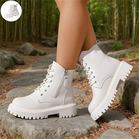 Willtoo Women's Lace Up Combat Ankle Boots Side Zipper Platform Chunky Sole Fashion Round Toe Short Booties Non Slip Lightweight Walking Shoes