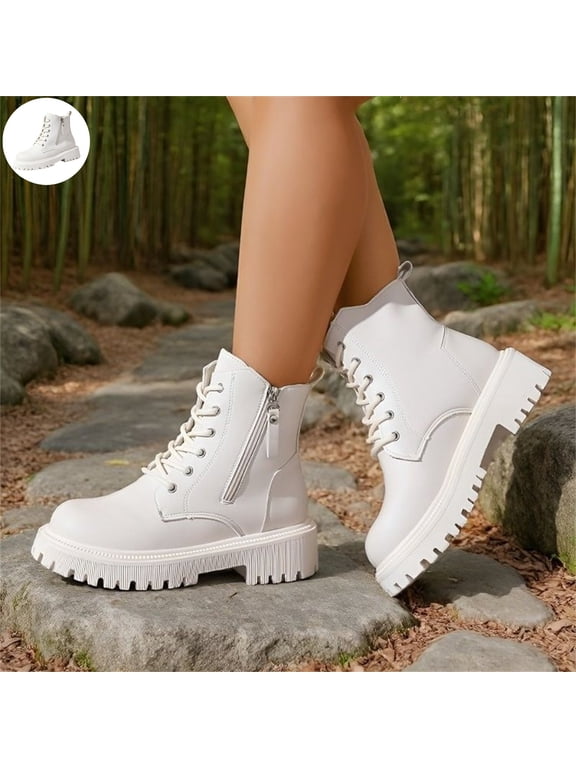 Women's Lace Up Combat Ankle Boots Side Zipper Platform Chunky Sole Fashion Round Toe Short Booties Non Slip Lightweight Walking Shoes
