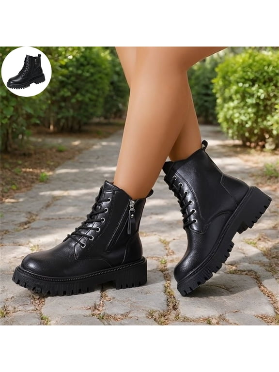 Women's Lace Up Combat Ankle Boots Side Zipper Platform Chunky Sole Fashion Round Toe Short Booties Non Slip Lightweight Walking Shoes