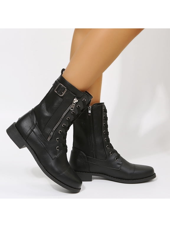 Women's Lace-Up Combat Boot Side Zipper Ankle Cuff Low Heel Military Boots Round Toe Ankle Boots for Women Fashion Mid Calf Booties Black
