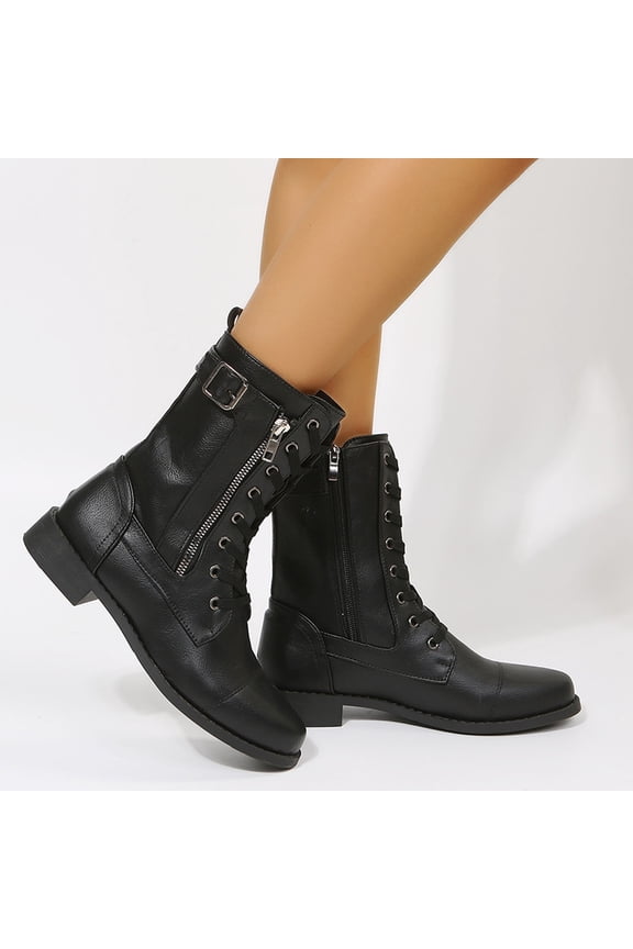 Women's Lace-Up Combat Boot Side Zipper Ankle Cuff Low Heel Military Boots Round Toe Ankle Boots for Women Fashion Mid Calf Booties Black