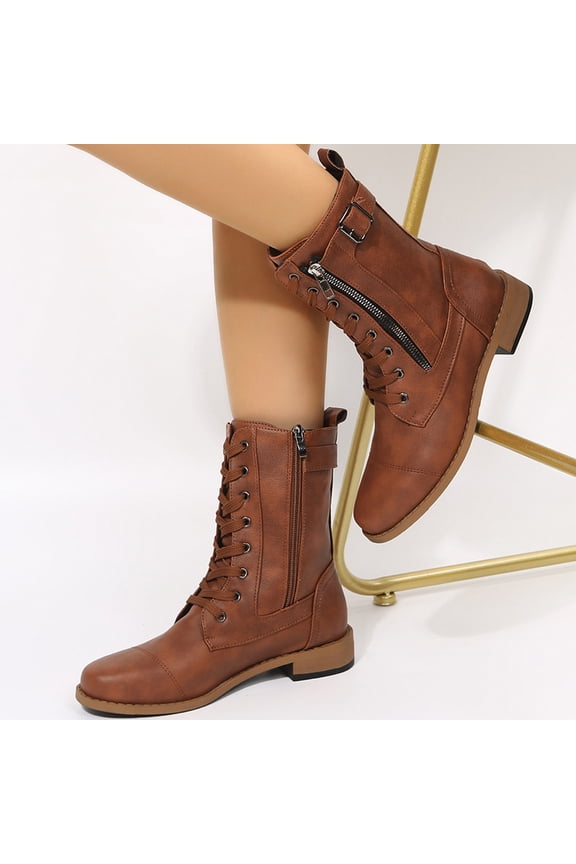 Women's Lace-Up Combat Boot Side Zipper Ankle Cuff Low Heel Military Boots Round Toe Ankle Boots for Women Fashion Mid Calf Booties Brown