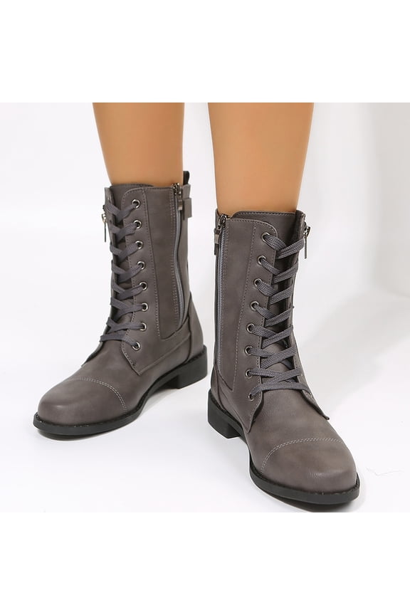 Women's Lace-Up Combat Boot Side Zipper Ankle Cuff Low Heel Military Boots Round Toe Ankle Boots for Women Fashion Mid Calf Booties Gray
