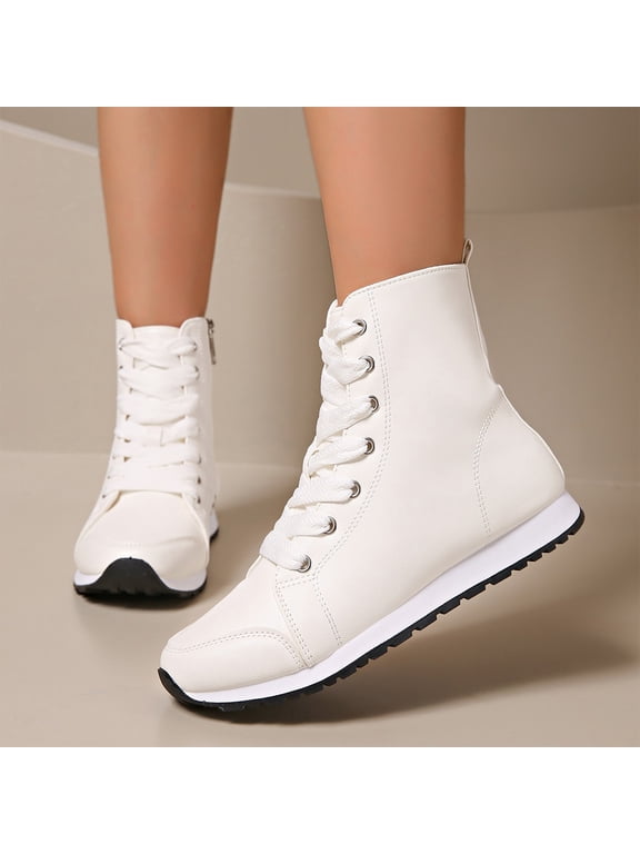 Women's Large Size High-Top Lace-Up Ankle Boots Side Zipper Solid Color Breathable Lightweight Shoes Round Toe Casual Sneakers