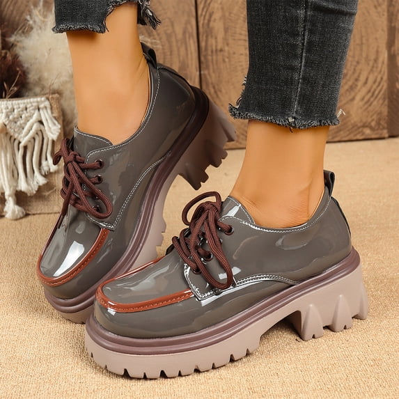 Willtoo Women's Leather Shoes Color Blocking Platform Oxfords Comfortable Pumps Round Toe Chunky Heel Anti-Slip Lug Sole Causal Lace-up Loafers Dress Work Shoes
