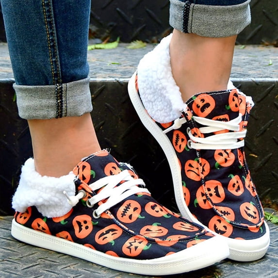 Willtoo Women's Loafers Lace Up Halloween Cute Print Sneakers Plush Lining Keep Warm Lightweight Sports Shoes Cozy Non Slip Winter Shoes