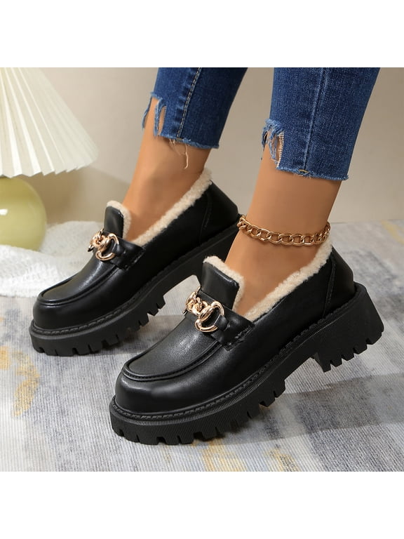 Women’s Loafers, Platform Slip‑on Comfortatle Shoes Metal Chain Decor Warm Lined Winter Shoes, Chunky Lug Sole Casual Dress Footwear