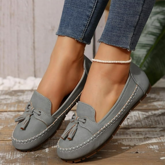 Willtoo Women's Loafers Slip Ons Shoes with Bowknot Driving Flats Casual Comfort Walking Loafers for Women Lightweight Suede Leather Business Dressy Work Office Round Toe Tassel Boat Shoes Gray