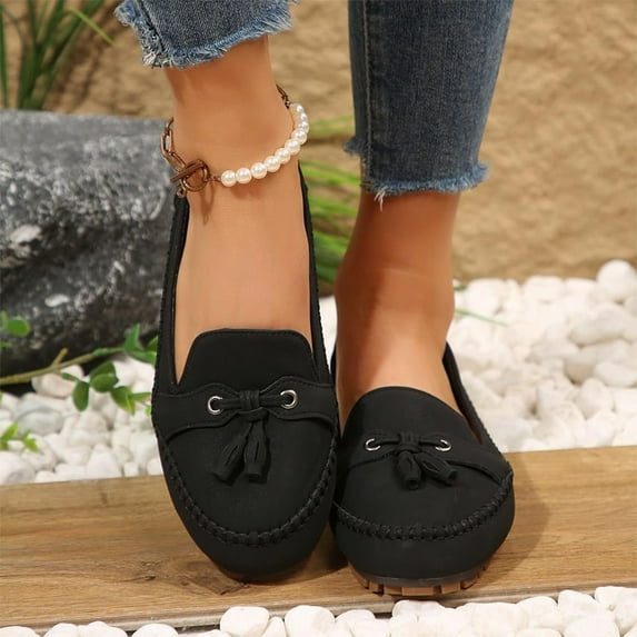 Willtoo Women's Loafers Slip Ons Shoes with Bowknot Driving Flats Casual Comfort Walking Loafers for Women Lightweight Suede Leather Business Dressy Work Office Round Toe Tassel Boat Shoes Black